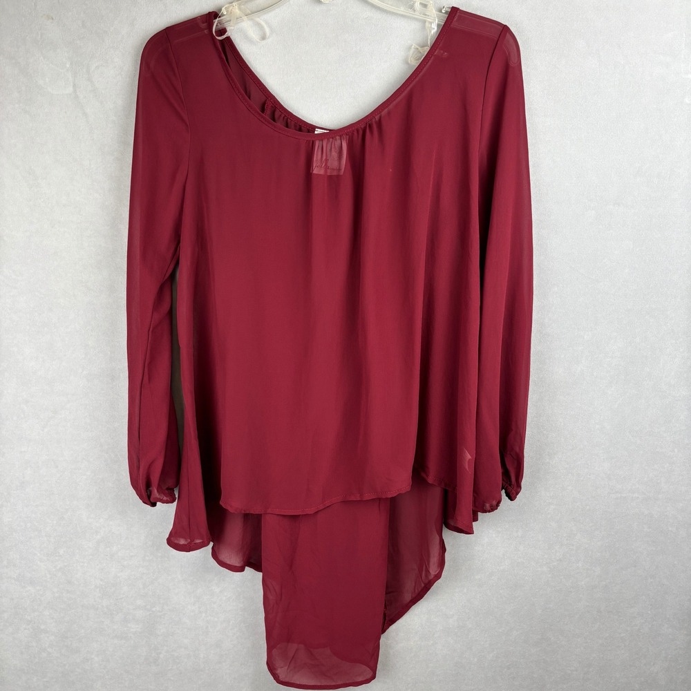 Jella Couture‎ Burgundy Chiffon High Low Blouse Rhinestone Open Back Glam USA M